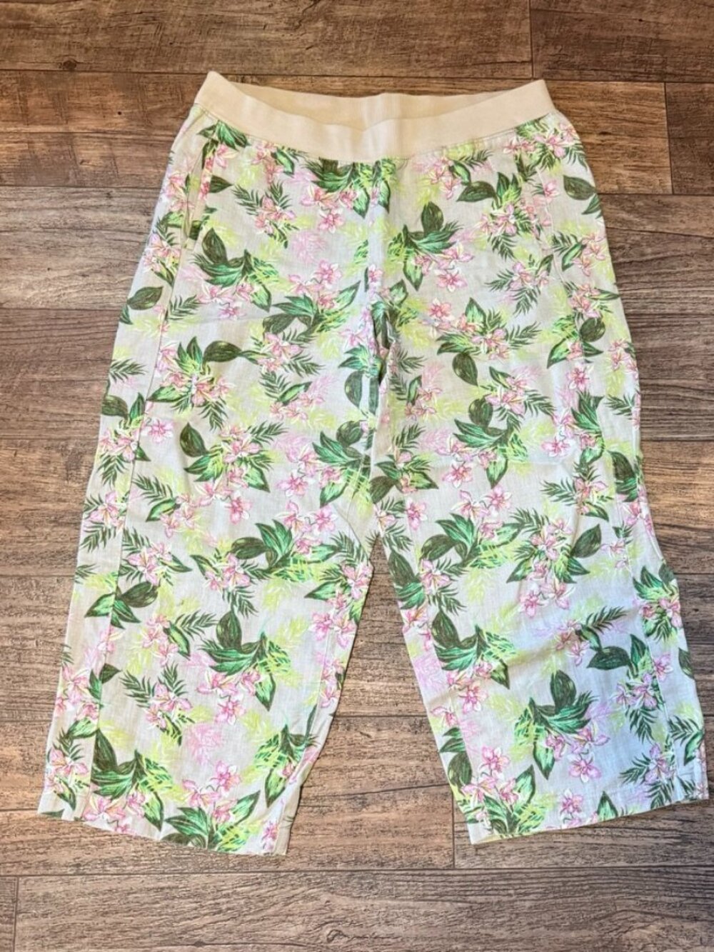 J Jill Linen Floral Print Elastic Waist Cropped Pants